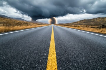 Road to Storm: Asphalt leads to dramatic sky, evoking journey and anticipation.