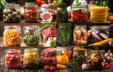 Preserved Food in Jars: Pickled Vegetables, Meats, Herbs and Assorted Dry Goods