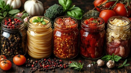 Assortment of ingredients in jars, tomatoes, garlic, and basil on wooden table.