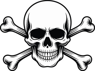 Skull with crossbones illustration, pirate danger symbol, toxic poison sign, spooky Halloween skull art, vintage tattoo design, death warning vector