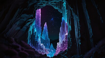 Fototapeta premium Glowing crystal cave with vibrant blue and purple formations, ethereal light, and rocky textures, perfect for fantasy and mystery themes.