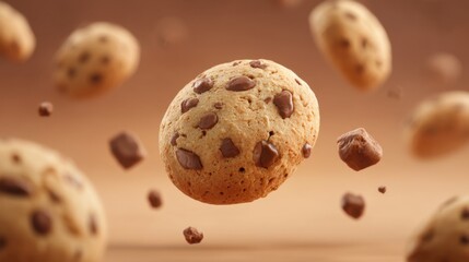 Obraz premium Floating Chocolate Chip Cookies in a Soft Focus Background for Delicious Dessert and Snack Theme