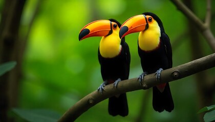 Fototapeta premium Two vibrant toucans perched on a branch in a lush, tropical rainforest, perfect for exotic travel concepts