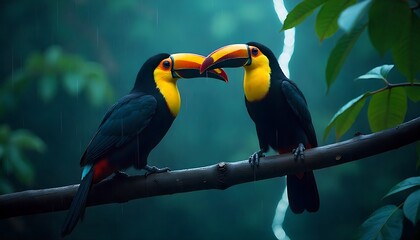 Obraz premium Two vibrant toucans perched on a branch in the rainforest, sharing a tender moment during a gentle rain shower