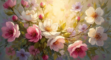 Vibrant oil painting of blooming pink and white roses with a warm, ethereal glow, evoking a sense of beauty and tranquility.