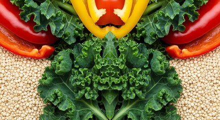 Vibrant kale, peppers, and quinoa create healthy food mosaic