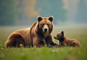 Obraz premium Brown bear and cub resting peacefully in lush green meadow, capturing a moment of family connection and wildlife beauty