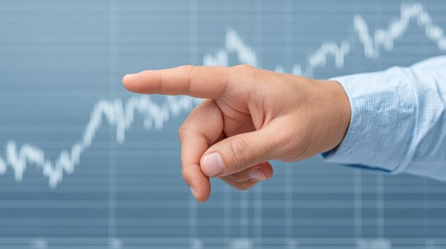 Hand pointing towards data graph depicting stock market trends and fluctuations with blue background and abstract financial elements for analysis and strategies