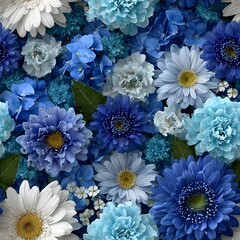 Vibrant arrangement of blue and white gerbera daisies in a dense floral display