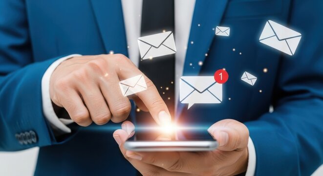 A man using a smartphone with email icons floating around it in a blue suit - Powered by Adobe