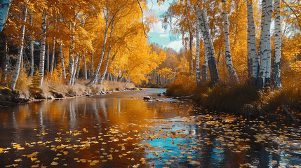 Obraz premium Autumn river scene with vibrant golden foliage and reflective serene waterscape