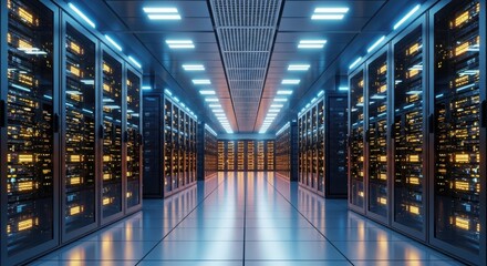 A server room with rows of computer servers and blue lights in a long hallway