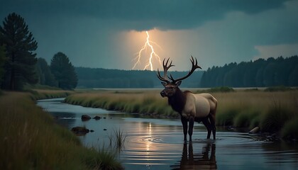 Majestic elk standing in water with striking lightning during a dramatic storm over a serene river landscape