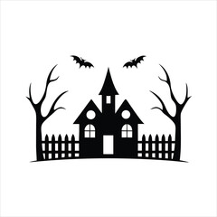 Spooky haunted house silhouette with bats and graveyard for halloween vector.
