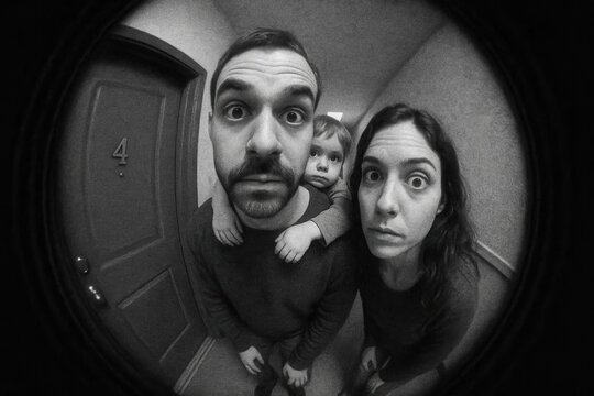 Intriguing Fisheye Perspective: A Family's Curious Gaze through the Peephole in Black and White