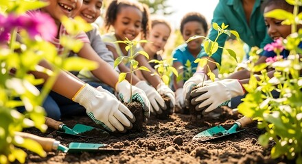 Diverse group of children happily planting seedlings in a sunny garden together.