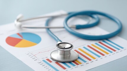 Medical Stethoscope and Health Statistics on Colorful Graphs and Charts for Healthcare Analysis and Research in a Clinical Setting