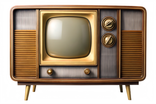 Vintage television with gold trim and wooden cabinet isolated on a transparent background