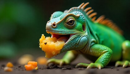 Obraz premium Vibrant green iguana enjoys a delicious meal of bright yellow fruit, showcasing its textured scales and intense gaze in a naturalistic setting.