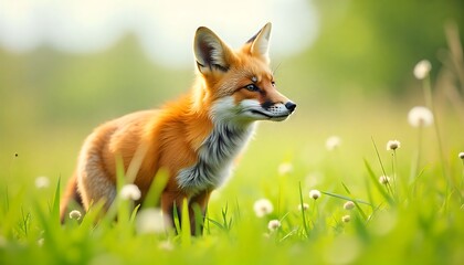 Obraz premium Vibrant red fox emerges from lush green meadow dotted with delicate white wildflowers under soft morning light, capturing nature's wild beauty.