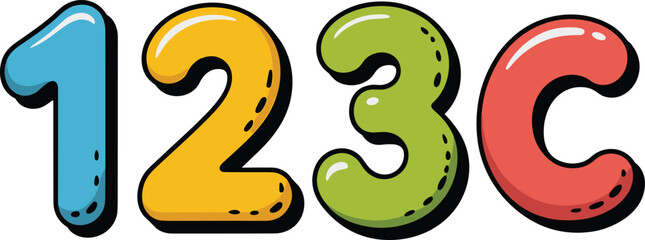 Colorful cartoon numbers and alphabet letter illustration, playful 123C design, kids learning education concept, bright vector style, fun graphic art