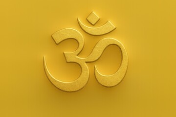 Golden Om Symbol on Elegant Yellow Background Representing Spirituality and Cultural Significance in Hinduism