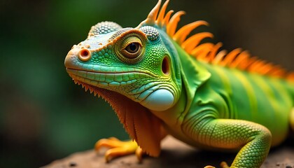 Fototapeta premium Stunningly detailed vibrant green iguana with striking orange crest emerges from lush jungle foliage ready for discovery