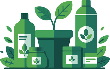 Eco friendly herbal products packaging illustration, organic plant based cosmetics and natural skincare containers with green leaves for sustainable lifestyle design