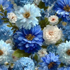 Close up of a vibrant blue and white floral arrangement with intricate details