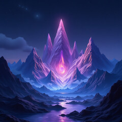 Fototapeta premium Mystical crystal mountain peak glowing with ethereal energy under a starry night sky, reflecting in a serene lake below.