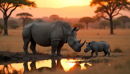 Fototapeta premium Majestic mother rhino and calf drink at serene watering hole during golden hour African savanna sunset
