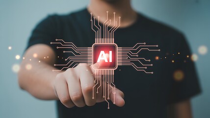 Person Touching AI Chip With Circuitry Overlay artificial intelligence