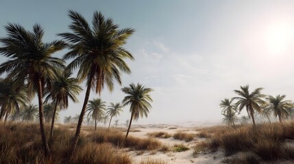Fototapeta premium Vast desert landscape with lush palm trees in an oasis setting under a bright hazy sunlit sky with clear atmospheric perspective