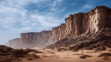 Fototapeta premium Majestic sandstone cliffs rise from a rugged desert landscape under a bright cloudy sky