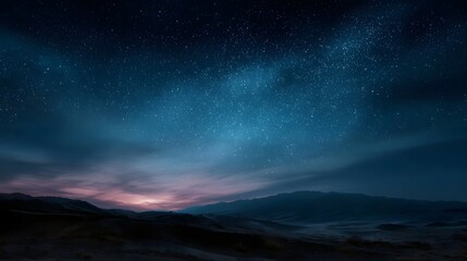 A serene desert landscape at night with rolling dunes silhouetted against a vast star filled sky and a hint of twilight on the horizon