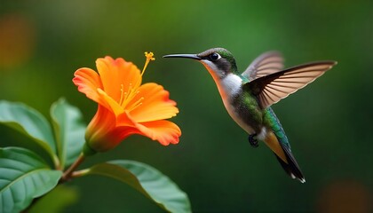 Fototapeta premium Captivating hummingbird hovers mid-air, delicately sipping nectar from a vibrant orange hibiscus flower, showcasing nature's exquisite beauty and delicate dance.
