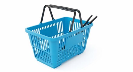 A light blue plastic shopping basket with black handles isolated on a white background studio shot