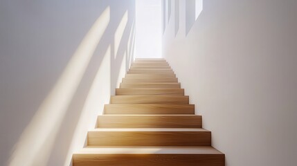 Bright light illuminates a wooden staircase leading upwards.