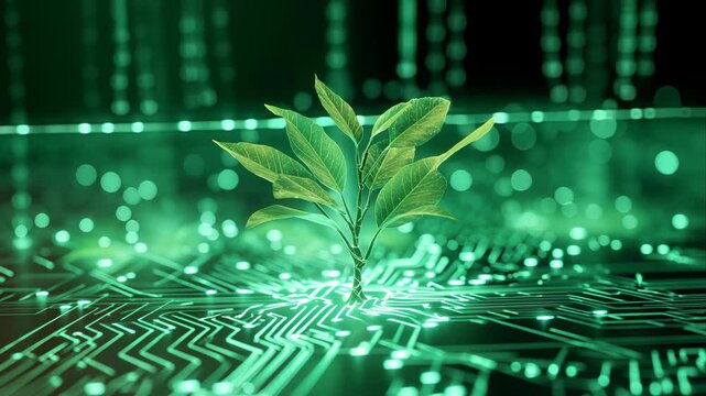 Young sprout growing on futuristic glowing circuit, symbolic ecological digital design for environment, technology, sustainability, and innovation concepts.