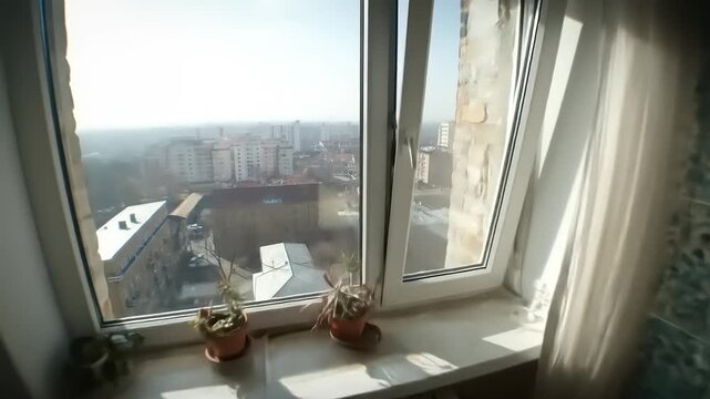 Interior shot of a sunlit kitchen, showcasing patterned teal tiles and city view.