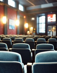 Medium shot of a cinema lobby featuring ticket counters and seating areas
