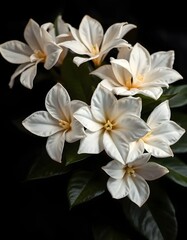 Obraz premium Pure White Gardenia Blossoms with Green Leaves