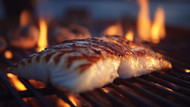 Grilled fish on fire with flames and smoke cooking on a barbecue