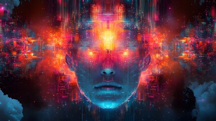 Futuristic Digital Consciousness Illumination Vibrant Colorful Glowing Ethereal Visionary Mind Expansion Transcendental Psychedelic Atmosphere