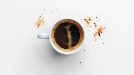 Top down view of a fresh black coffee cup on a clean white background with scattered grounds.
