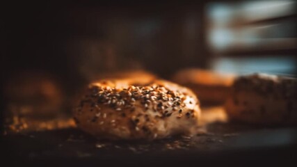 Freshly baked bagel closeup inside oven with seeds and textures
