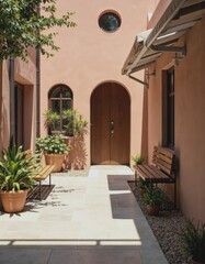Fototapeta premium Serene courtyard of a craft workshop complex featuring multiple studios and outdoor areas