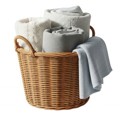 Obraz premium Woven basket filled with rolled textiles isolated on a transparent background wicker