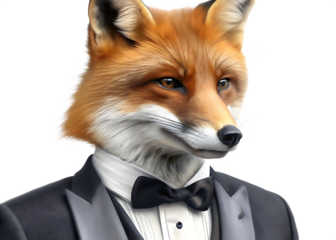 Anthropomorphic fox in tuxedo with glitch art background isolated on a transparent background