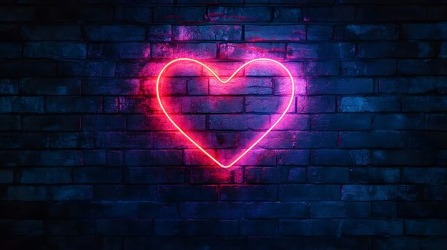 Glowing Neon Heart on Brick Wall Romantic Love Symbol - Powered by Adobe